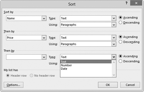 Screen shot of the Sort dialog box with sort parameter options.