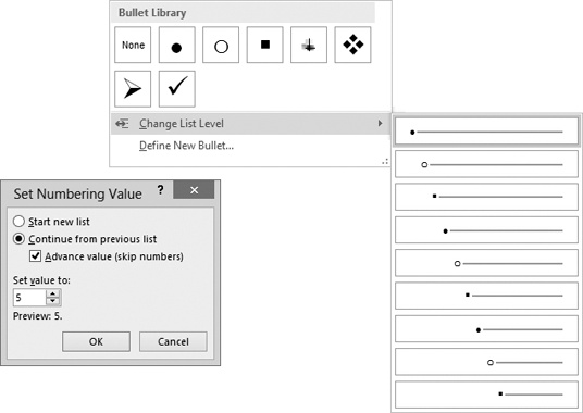 Composite screen shot of the Set Numbering Value dialog box and the Bullets menu with the Change List Level gallery expanded.