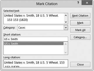 Screen shot of the Mark Citation dialog box.