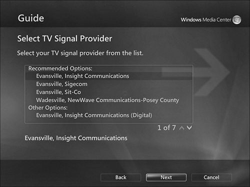 Selecting a TV signal provider.