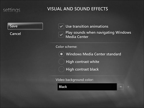 Adjusting sound effects and WMC screen display style.