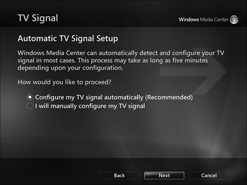 Selecting automatic TV signal setup.