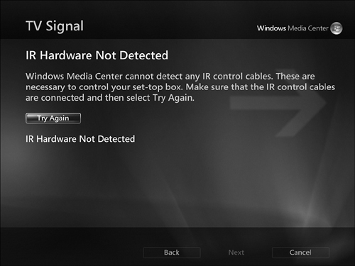 Confirming that the IR control cable (IR blaster) is connected to your WMC remote’s receiver.