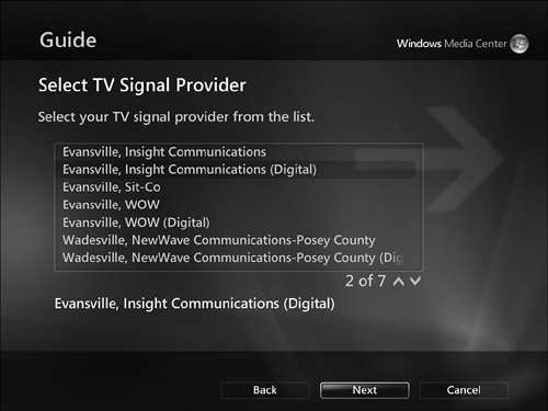 Selecting your cable TV provider.