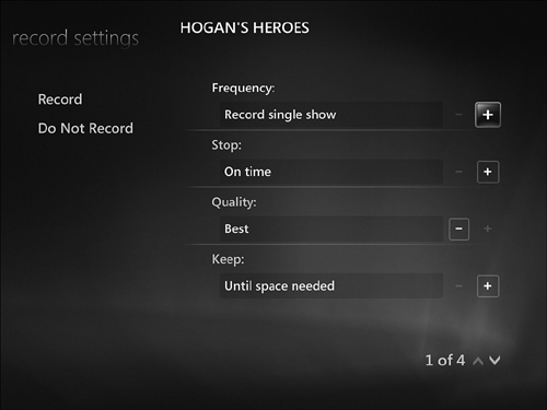 Use the Record Settings menu to select the settings to use for a single show.