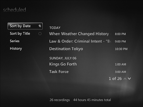 Viewing scheduled recordings by date/time.