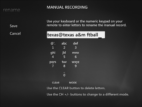 Entering a name for a manual recording.