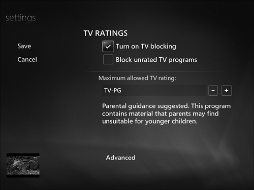 The TV Ratings dialog configured to block TV with ratings over TV-PG.