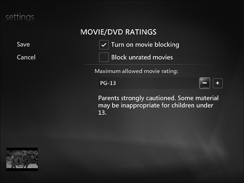 The Movie/DVD Rating dialog after enabling blocking.