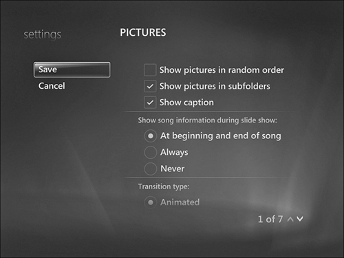 Use the Settings menu’s Pictures submenu to configure slide show playback.