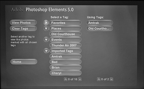 Selecting photos to view by tag or imported keyword (tags created outside of Adobe Photoshop Elements).