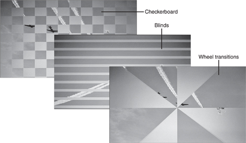 Checkerboard, blinds, and wheel transitions.