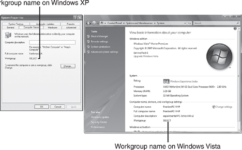 Viewing the workgroup (network name) information on a Windows XP or Windows Vista computer already added to the network.