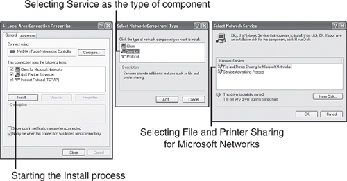 Installing File and Printer Sharing on a system running Windows XP.