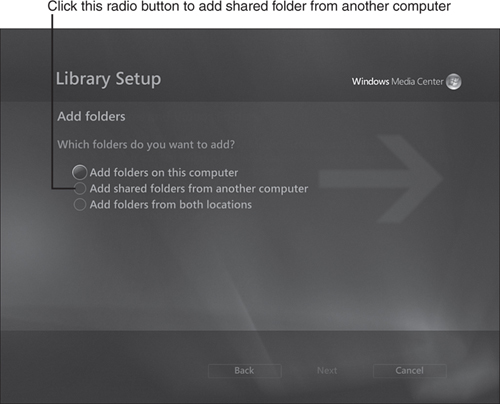 Using the Library Setup menu to watch shared folders on other systems.