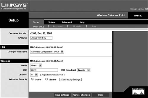 The basic wireless configuration dialog for a Linksys 802.11g router.