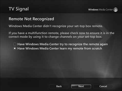 Selecting the option to “train” WMC to recognize the codes used by your set-top box’s remote.