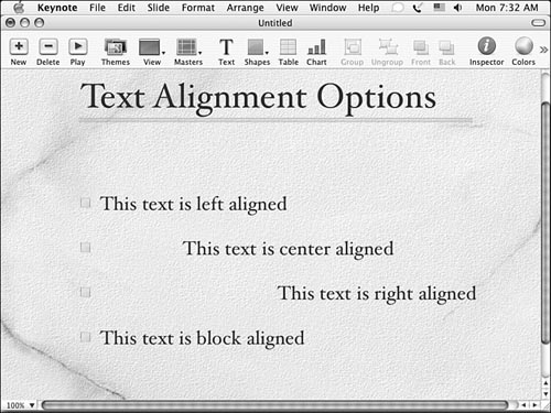 Keynote provides several helpful text alignment options.