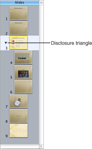 You can use the disclosure triangle to view or hide a group of slides.
