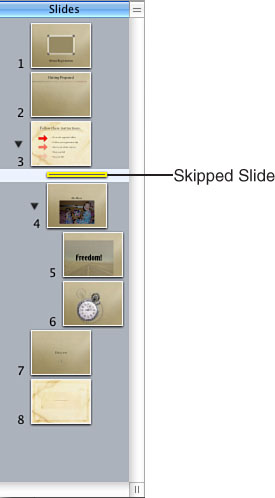 The skipped slide now appears collapsed in the Slide Organizer.