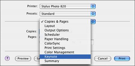You can choose Keynote from the Copies & Pages drop-down menu.