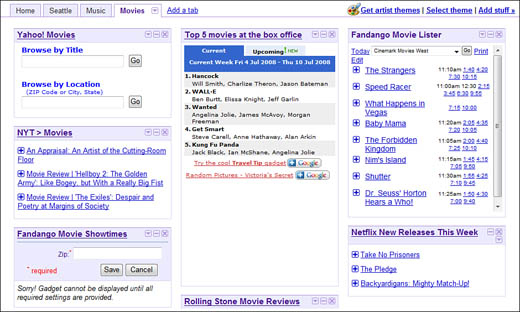 An automatically created iGoogle Movies tab.