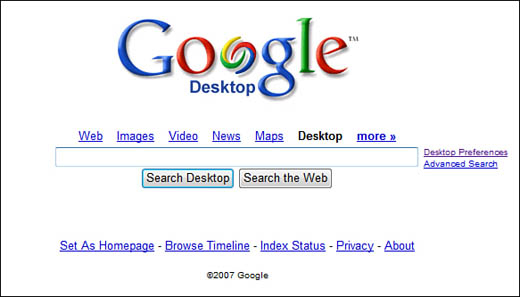 The Google Desktop search page.