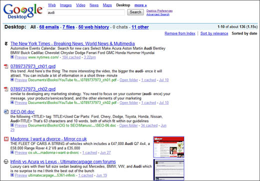 The results of a Google Desktop search.