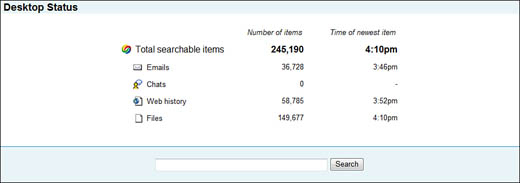 Viewing how many items Google Desktop has indexed, on the Desktop Status page.