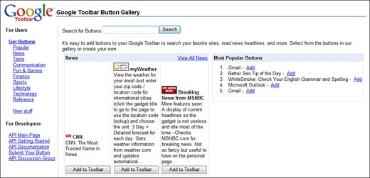 Viewing additional buttons for the Google Toolbar.