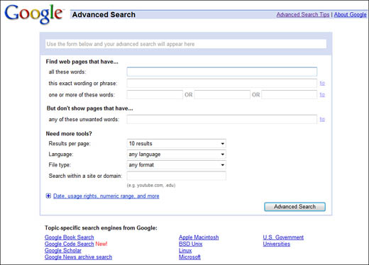 Google’s Advanced Search page.