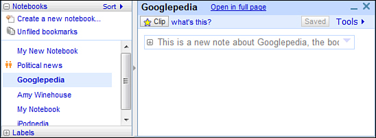 Clipping a selection into a Google notebook.