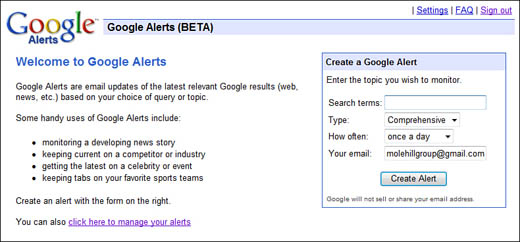 Creating a new Google Alert.