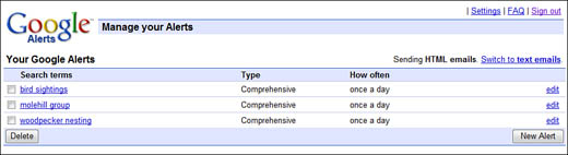 Getting ready to edit your Google Alerts.