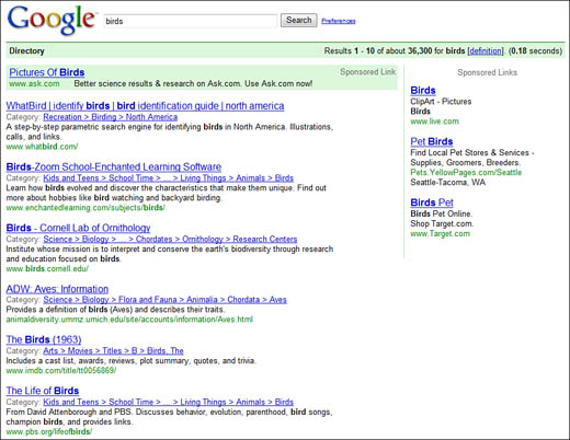 A Google Directory search results page.