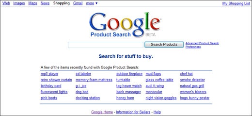 The main page for Google Product Search.