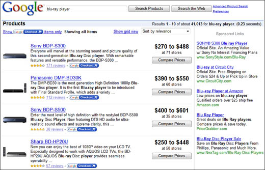 The results of a Google product search.