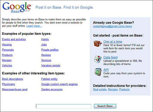 The Google Base main page.