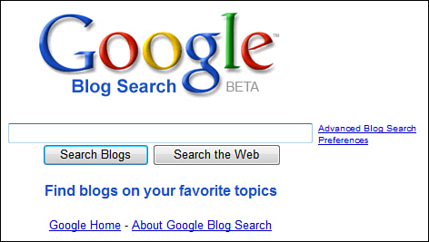 The main Google Blog Search page.