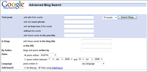 Google Blog Search’s Advanced Blog Search page.
