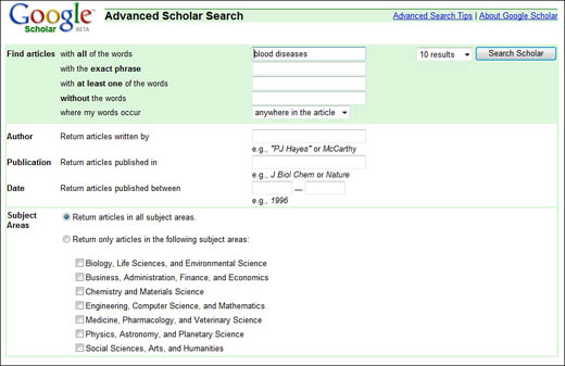 Using the Advanced Scholar Search page.
