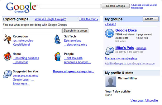 The Google Groups home page.