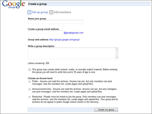 Creating a new Google Group.