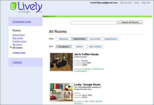 Browsing Lively virtual rooms.