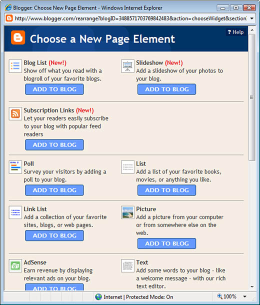 Adding page elements to your blog.