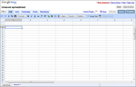 The Google Spreadsheets Edit tab.