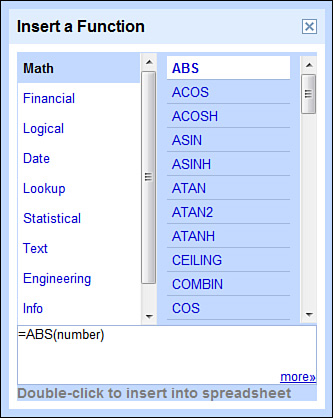 Choosing a function from the Insert a Function dialog box.