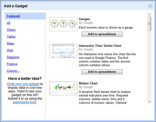 Adding a gadget to a Google spreadsheet.