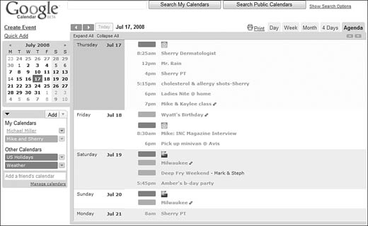 Google Calendar Agenda view.