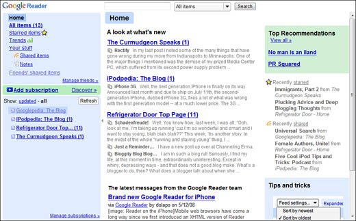 Reading blog and news feeds with Google Reader.